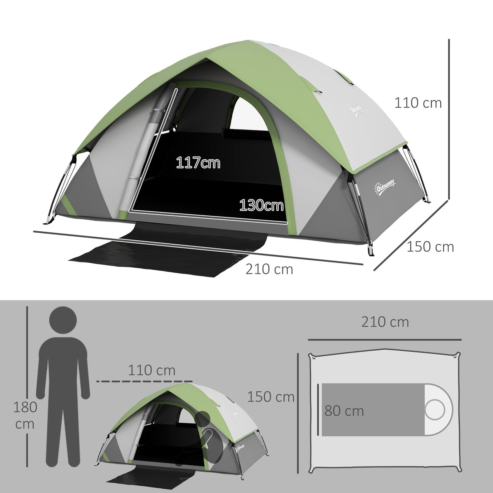 Outsunny 2 Man Camping Tent W/ Sewn-In Groundsheet, 3000Mm Waterproof, Green