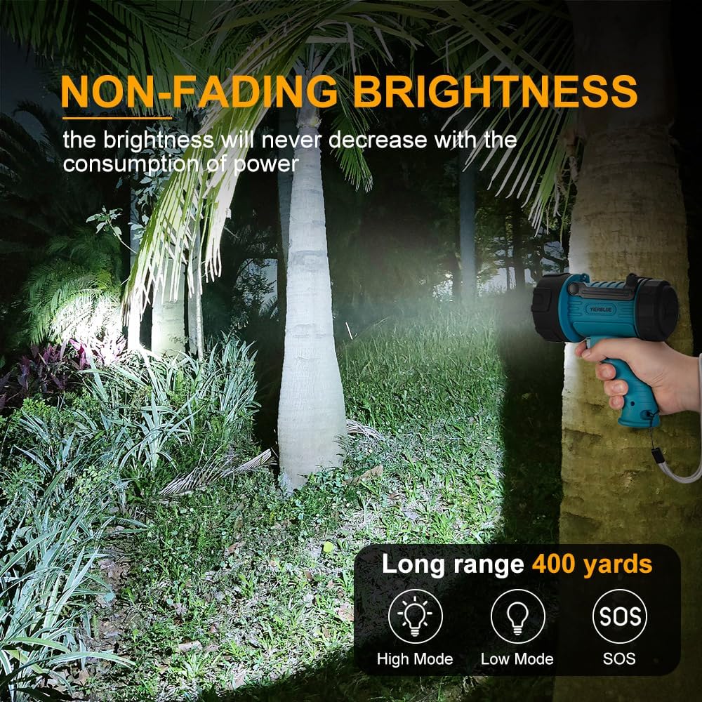 Rechargeable Spotlight, Super Bright 1000,000 High Lumen LED IP67 Waterproof Handheld Spotlight Long Lasting Large Flashlight Searchlight with Detachable Red Light Filter